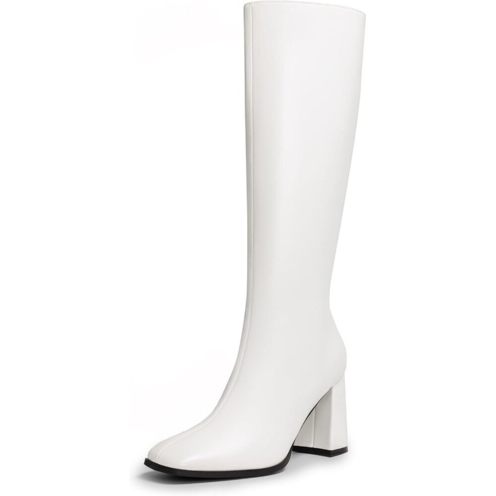 Women's White DREAM PAIRS Knee-High Boots Square Toe Gogo Chunky Heel Side Zip